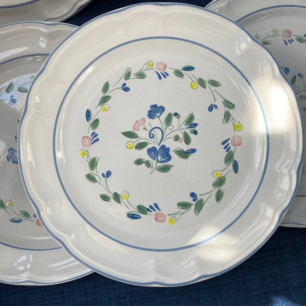 Floral Expression Stoneware Dinner Plates Set of 5 Vintage Blue Floral Scalloped